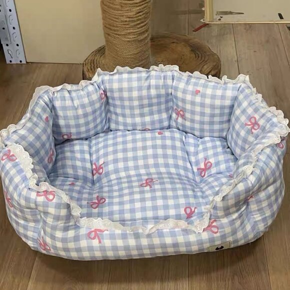 Blue Gingham Pet Bed with Lace Trim - Picture 1 of 1